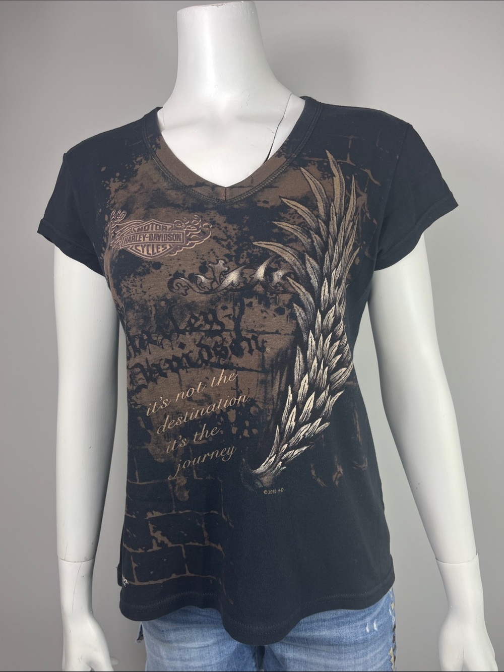 Harley-Davidson Black V-Neck Tee with Brown Wing Graphic